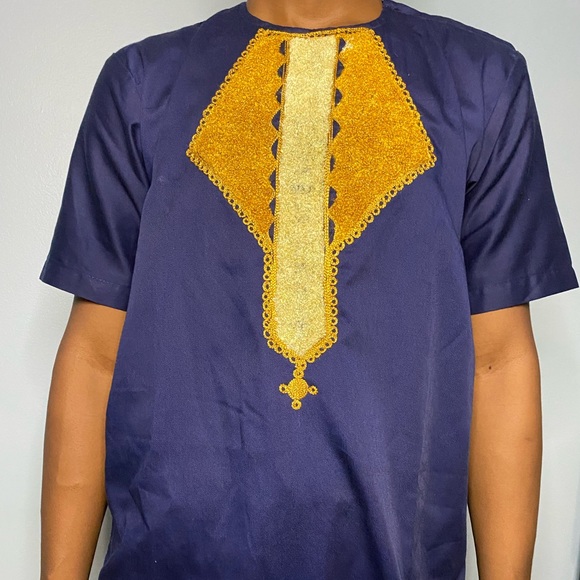 Men’s African Clothing Print Blue/Gold African Top Mens Sizes S-XL - Picture 4 of 4